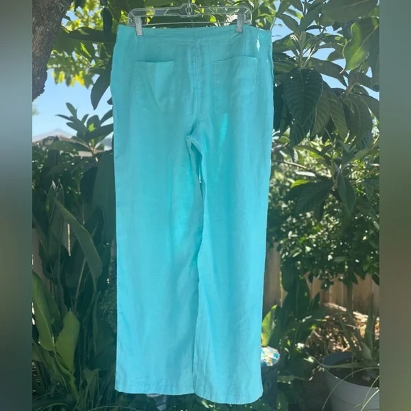 Chico’s Turquoise 100% Linen Wide Leg Flat Front Four Pocket Pants Size Large - Picture 6 of 10